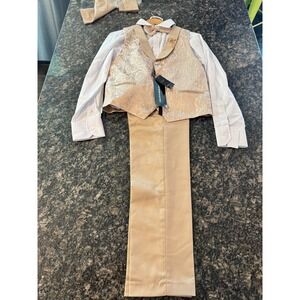 Kids World of USA Boys 4-Piece Formal Suit Set Tan Gold Jacquard Vest Sz 12 NEW